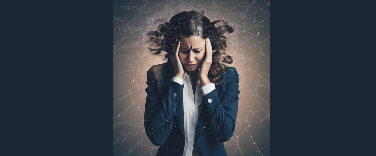 Woman in a suit coat holding her head in her hands