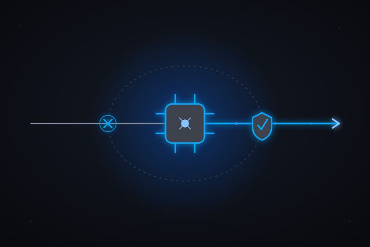 Line illustration of an AI agent connection crossing a governance boundary, representing an AI agent exceeding its intended access.