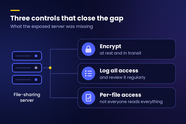 Diagram titled "Three controls that close the gap." A file-sharing server icon on the left connects to three cards on the right: encrypt data at rest and in transit, log all access and review it regularly, and apply per-file access controls so not everyone can read everything.