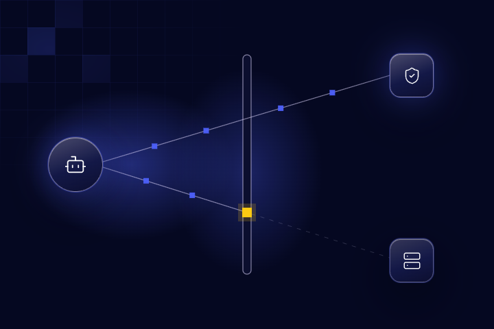A glass robot icon sends two lines toward a vertical glowing verification gate. One line passes through to a glass shield and carries data squares. The other line, headed for a glass server, stops at the gate where a gold square marks the interception, representing identity checked before an AI agent hands over credentials.