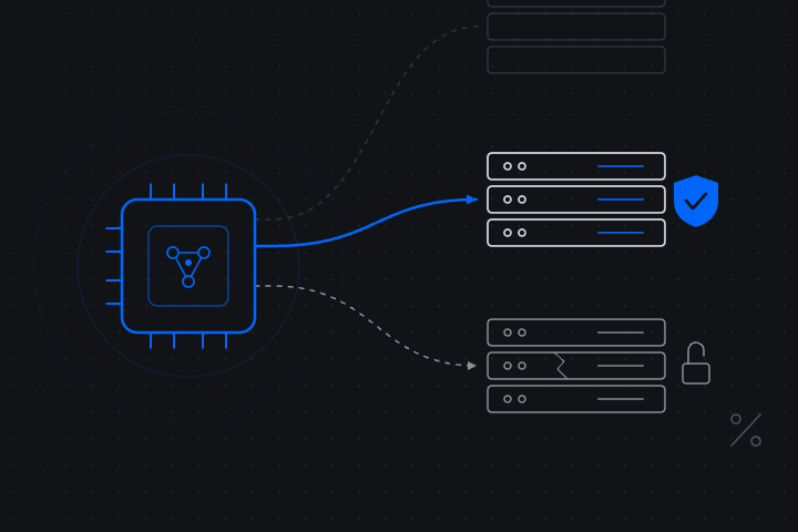 Line illustration contrasting a governed, shielded MCP server connection with an adjacent unsecured server, representing the security gap across MCP deployments.