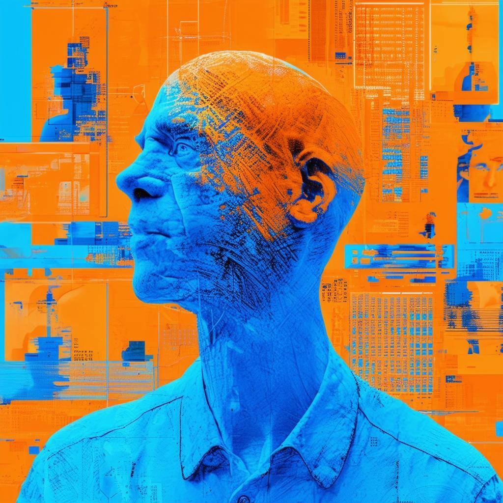 Profile of a man looking into the distance in blue and orange