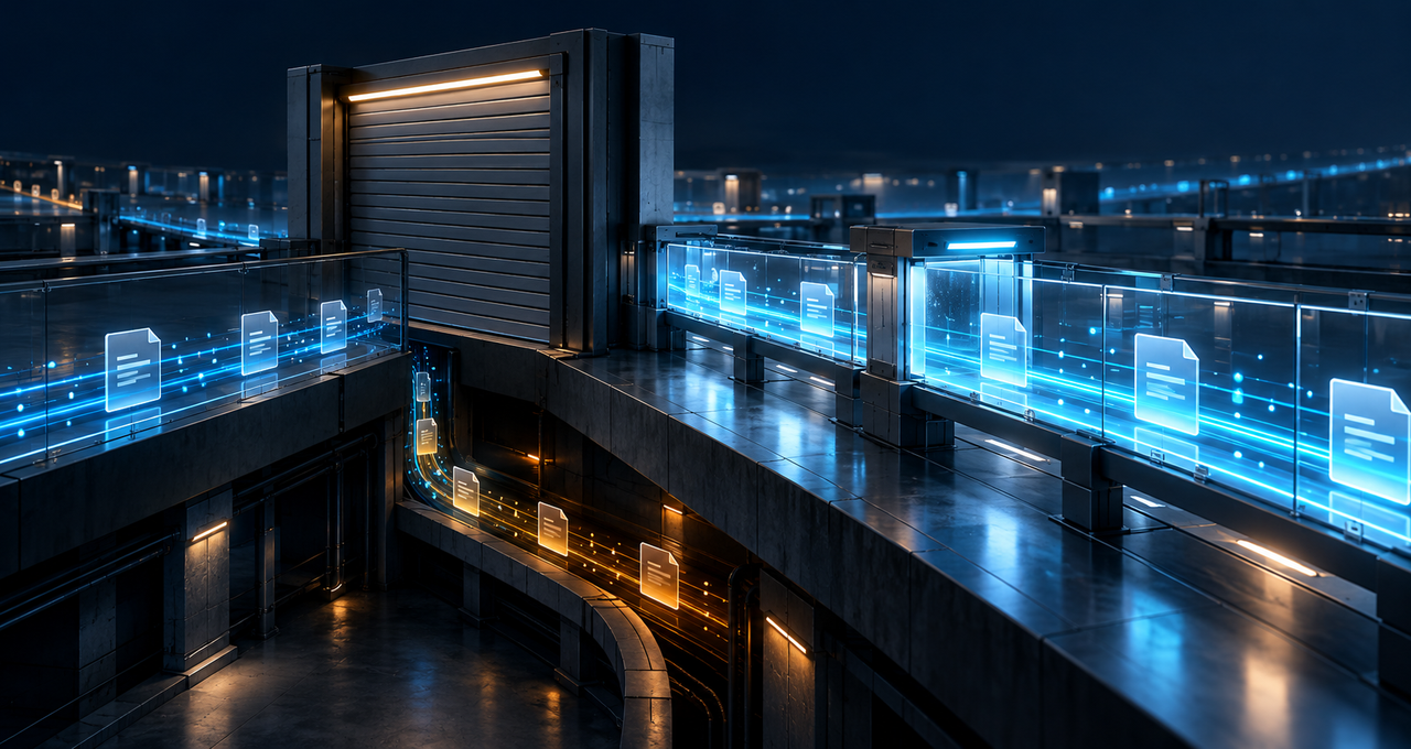 Digital files bypass a closed shutter through a hidden amber route, beside an open cyan inspection channel, illustrating shadow AI workarounds and governed data flow.