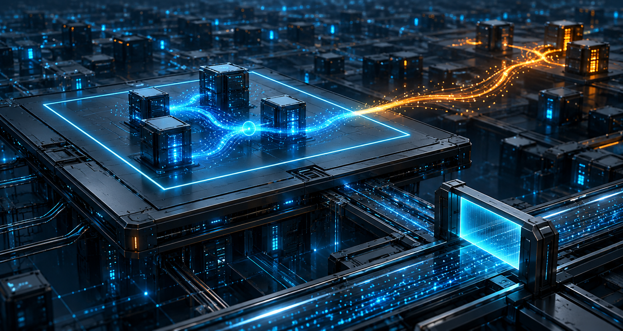 An amber data path extends beyond a cyan test boundary, beside a separate inspection checkpoint, illustrating the AI agent governance gap.