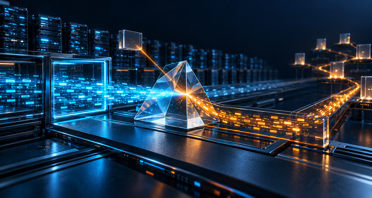 A glass prism redirects cyan data into an amber network path, illustrating how hidden instructions can divert an AI agent’s legitimate access.