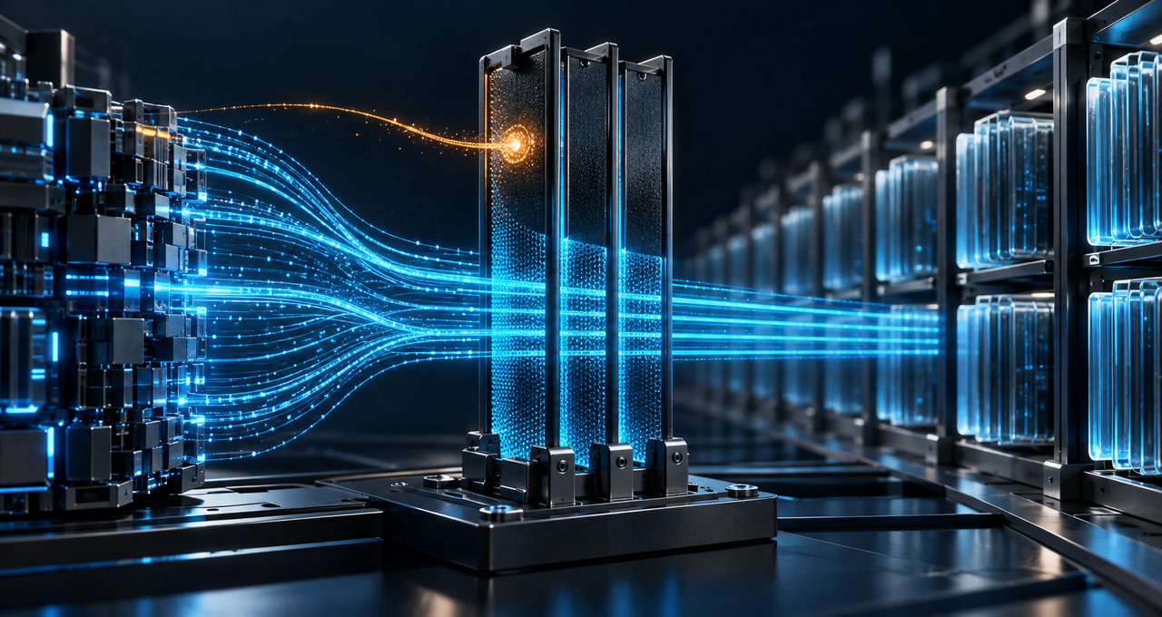 A layered external filter passes cyan data streams while blocking an amber request, illustrating independent enforcement of AI agent access boundaries.