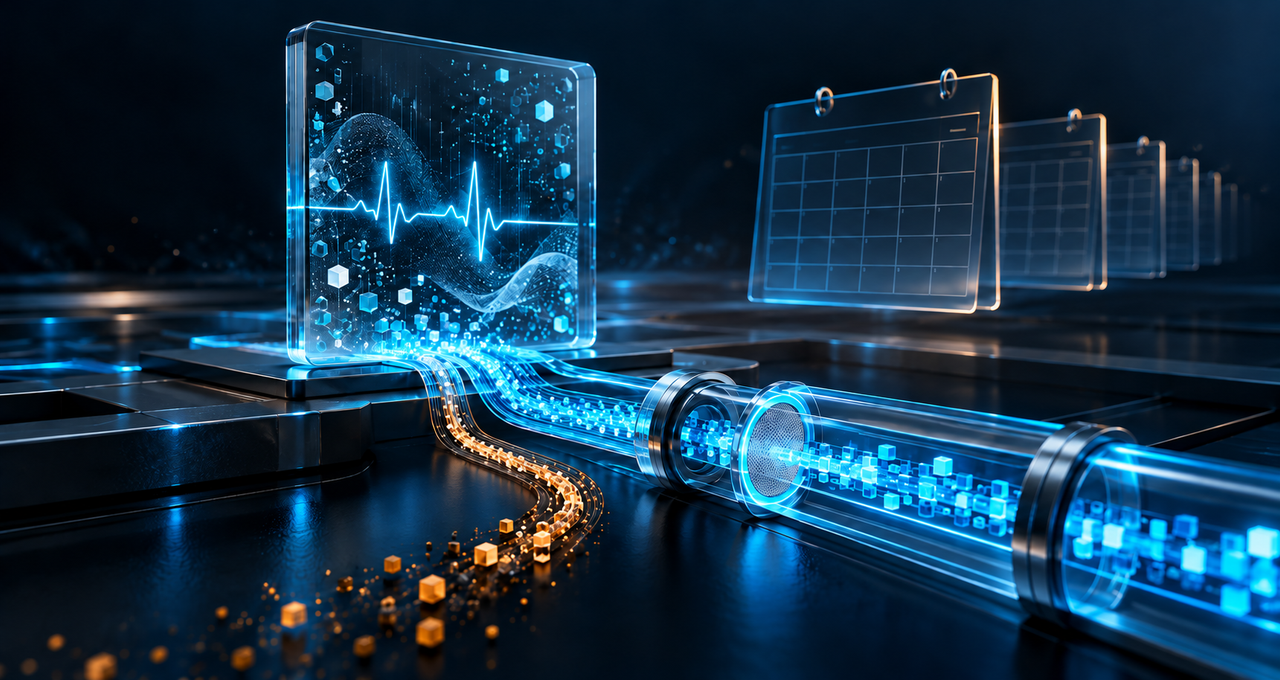 A healthcare record feeds protected cyan and exposed amber data streams while calendar panels recede, illustrating ongoing PHI risk despite delayed encryption requirements.