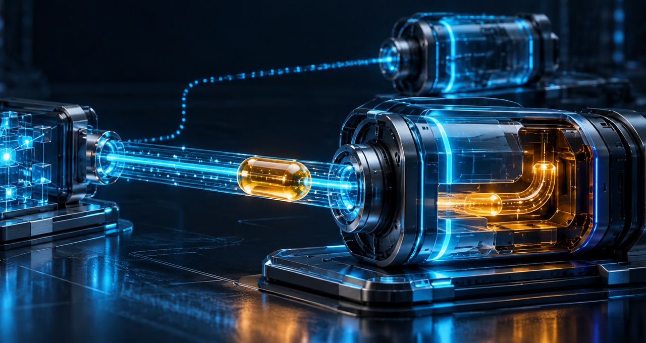 A gold credential capsule enters a cyan endpoint with a concealed amber channel, illustrating identity impersonation and misplaced trust in MCP connections.
