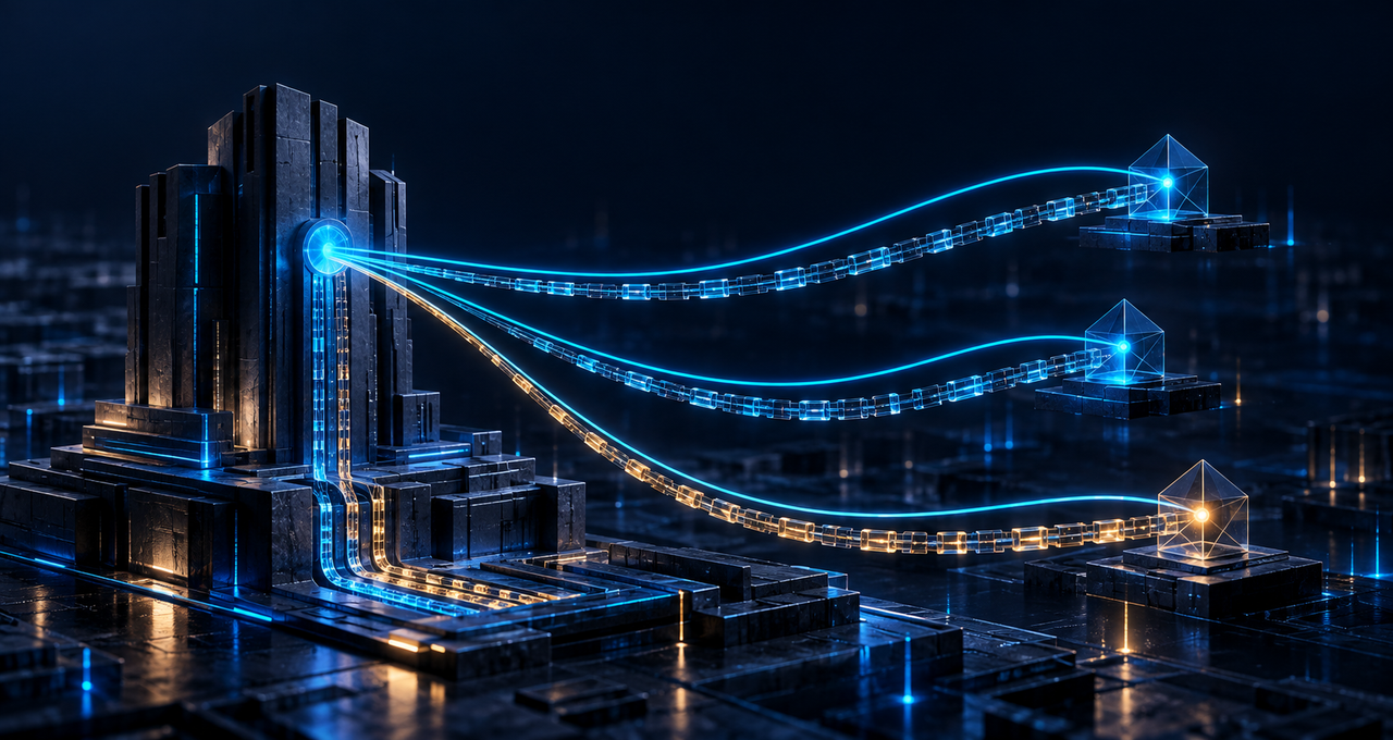 Glowing blue and amber trails connect AI agents to an enterprise hub, illustrating accountability and traceable oversight of automated actions.