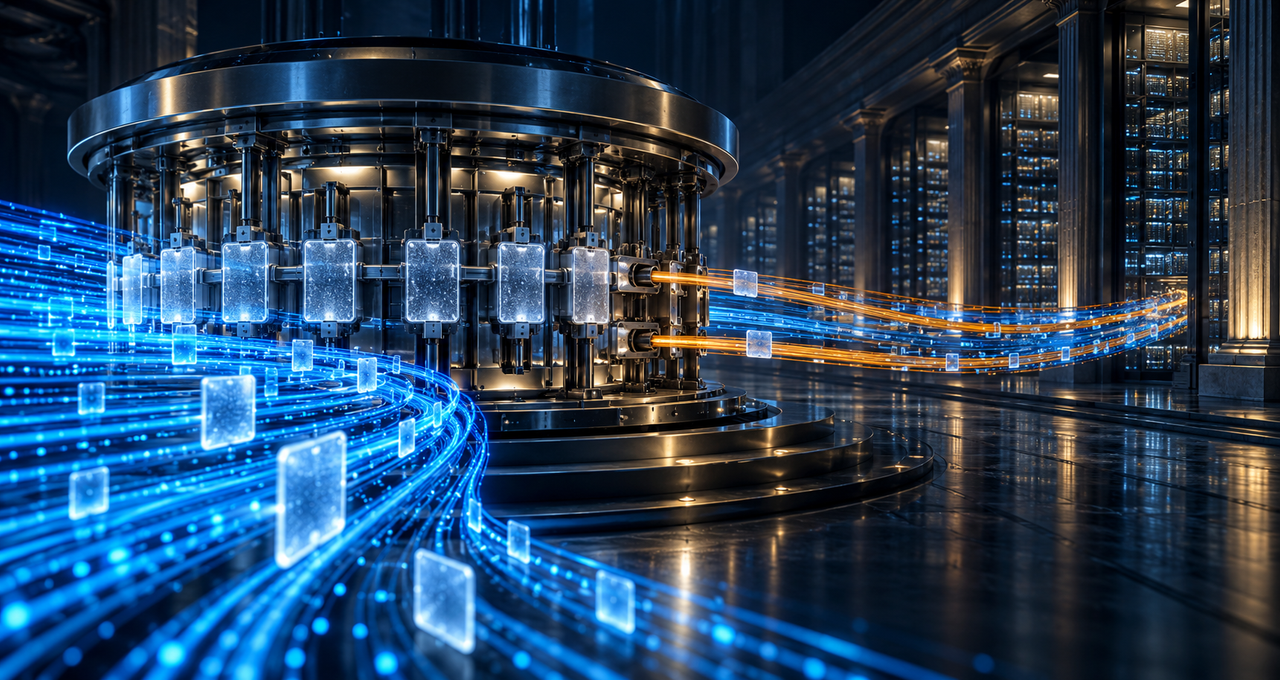 Fast cyan and amber data streams pass an identity-review carousel toward a financial data archive, illustrating AI agents outpacing traditional identity security.