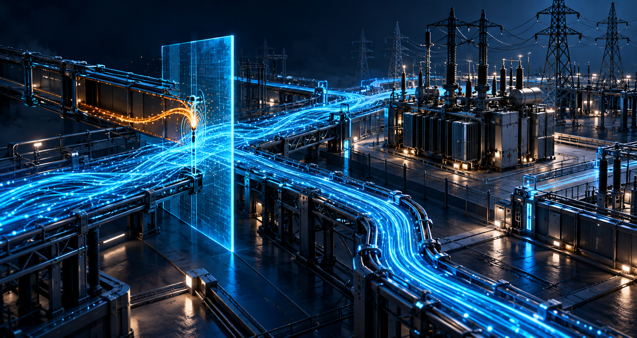 Cyan data streams pass through a security checkpoint beside an electrical substation, illustrating AI agent governance and critical infrastructure protection.