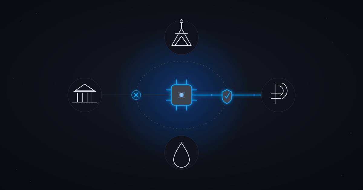Abstract line illustration of an AI agent icon connected to critical infrastructure nodes (power, water, telecom, finance) with one connection crossing a governance boundary, symbolizing the need for AI agent oversight.