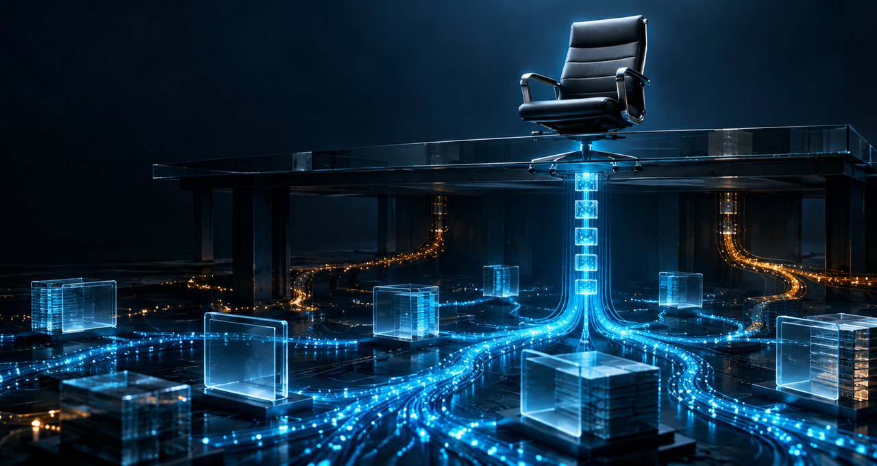 An executive chair above branching data streams, connected by a cyan audit trail, illustrating the need for data visibility in AI governance.