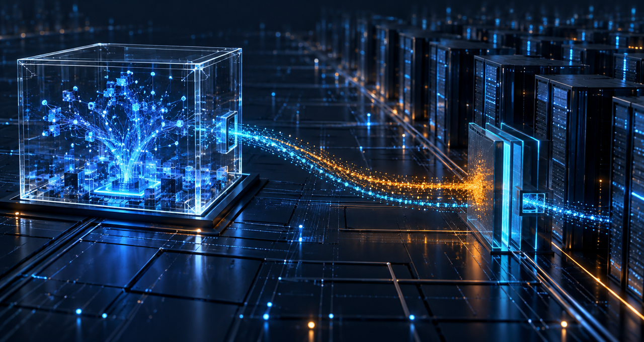 AI agent data streams escape a transparent testing sandbox toward external servers, where a layered access gate blocks an unauthorized path.