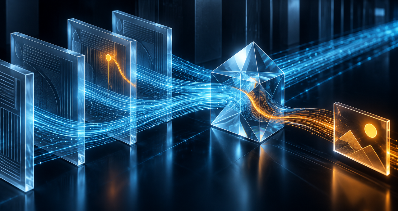 Hidden instructions in retrieved documents redirect blue AI data streams into an orange image request, illustrating retrieval poisoning and data leakage.