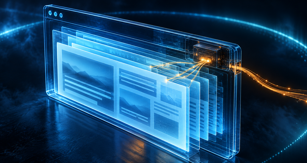 Browser AI extension drawing data from layered web pages, with an amber stream illustrating enterprise data exposure.