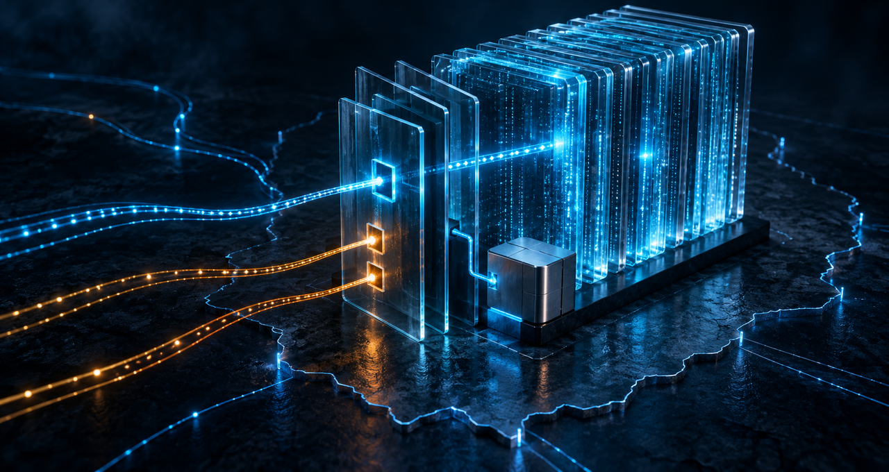 Layered access controls filter data streams entering a digital archive above a geographic boundary, illustrating data sovereignty through enforced access.