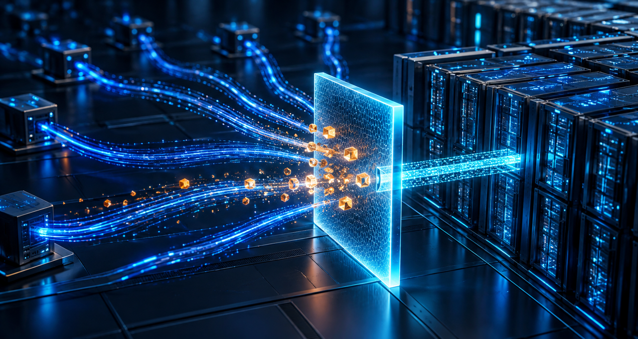 Exposed MCP server connections pass through a data security checkpoint that blocks sensitive data while allowing authorized traffic.