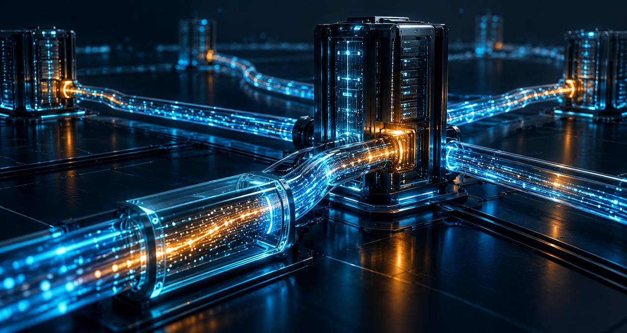 Interconnected MCP servers with cyan data streams and amber warning signals illustrating security risks spreading across an AI agent network.
