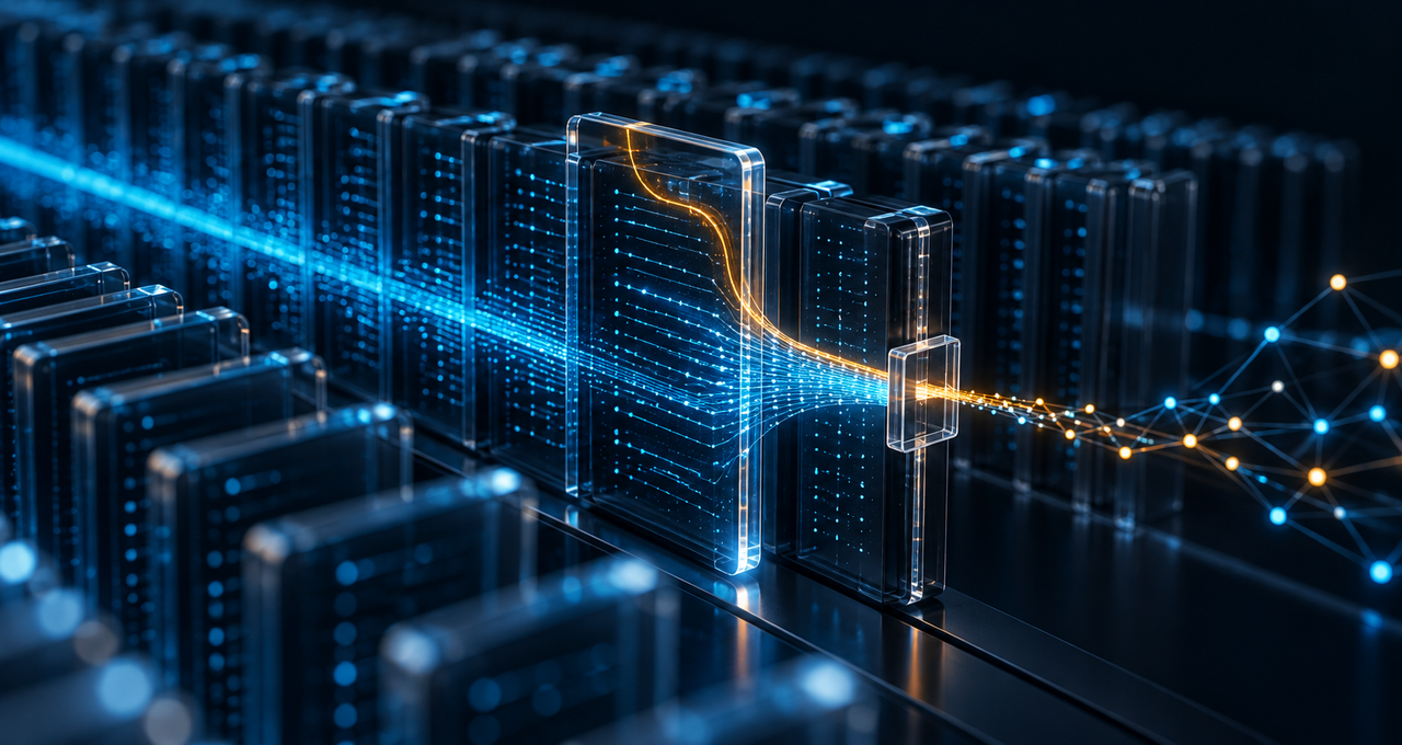 An amber thread redirects cyan data from digital records through a small opening to an external network, illustrating hidden prompt injection and data leakage.