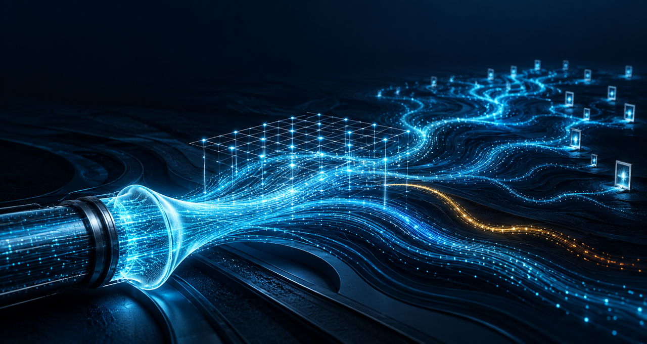 Cyan data streams spread beyond a monitoring grid, with an amber path illustrating shadow AI adoption outpacing governance.