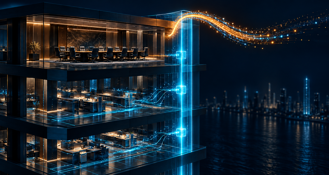 Corporate boardroom above connected office floors, with blue and orange data streams illustrating the shadow AI governance gap.
