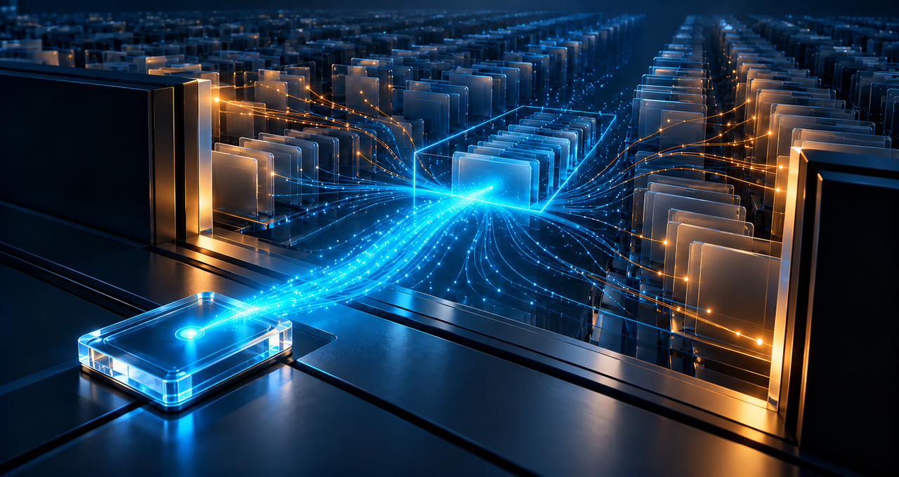 A single credential opens a broad data archive, with amber access paths extending beyond a narrow cyan task boundary, illustrating excessive delegated access.